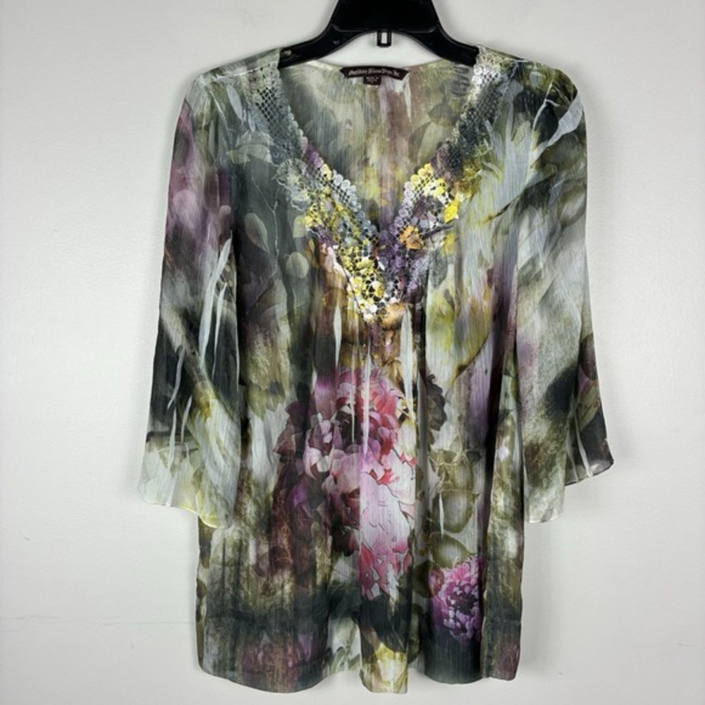Womens Y2K Sheer Forest Fairy Colorful Top Small 3/4 Sleeve Gypsy Boho Whimsy